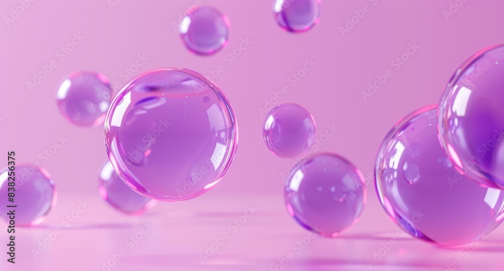 An illustration of several flying spheres on a pink background. 3D render illustration. An illustration of several flying spheres on a pink background. 3D render illustration.