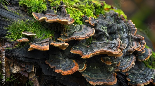 Mossy decayed wood with fungi, presenting a beautiful and detailed representation of nature's decomposition