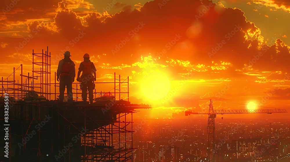  Two construction workers standing on a scaffolding platform at sunset.