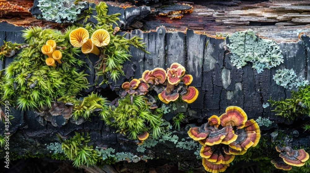 Old decayed log with lush moss and colorful fungi, emphasizing the textures and details of natural decay Old decayed log with lush moss and colorful fungi, emphasizing the textures and details of natural decay