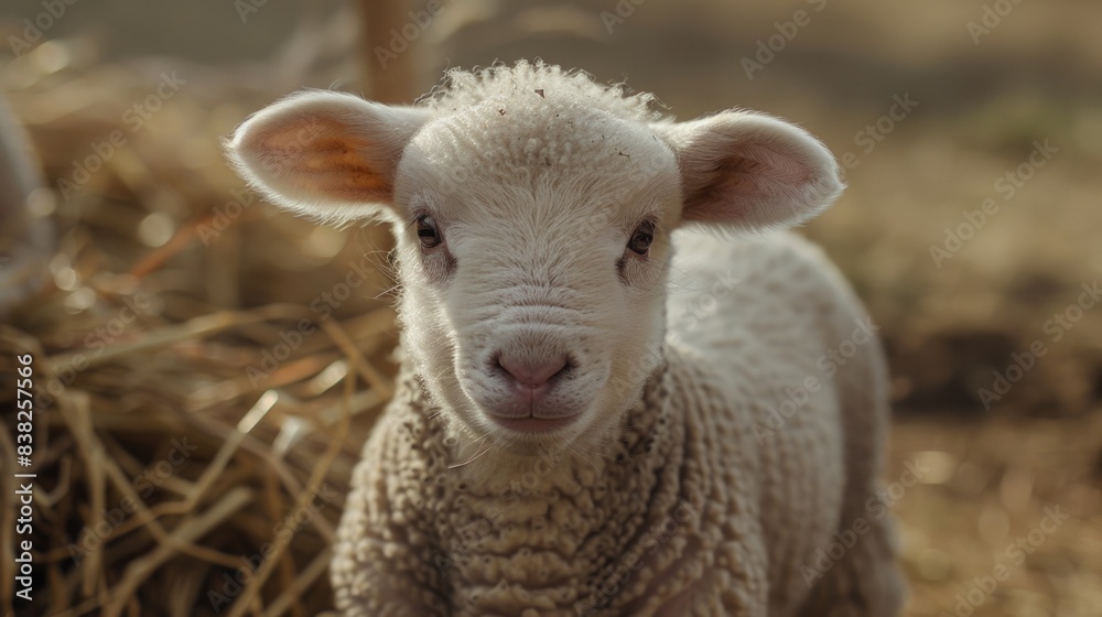 Young sheep standing near a pile of hay in a rustic setting
