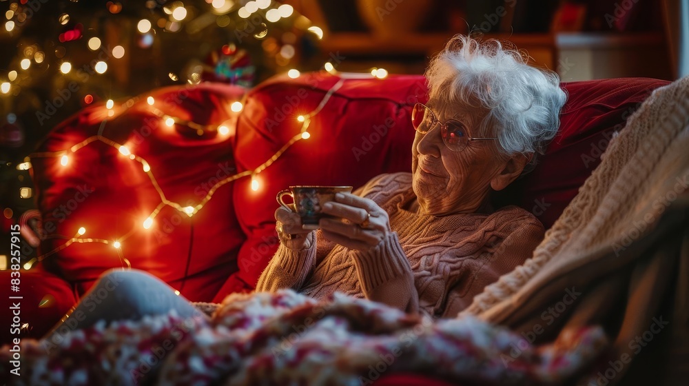 Obraz premium elderly woman enjoying tea on cozy red couch with christmas lights