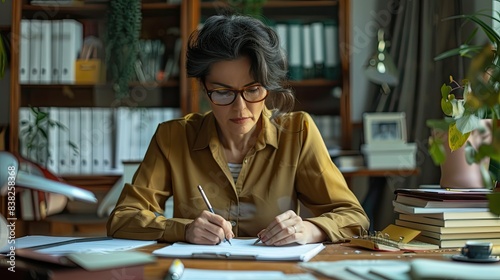 Professional woman with glasses writing on papers at a desk, surrounded by office supplies, deep in concentration