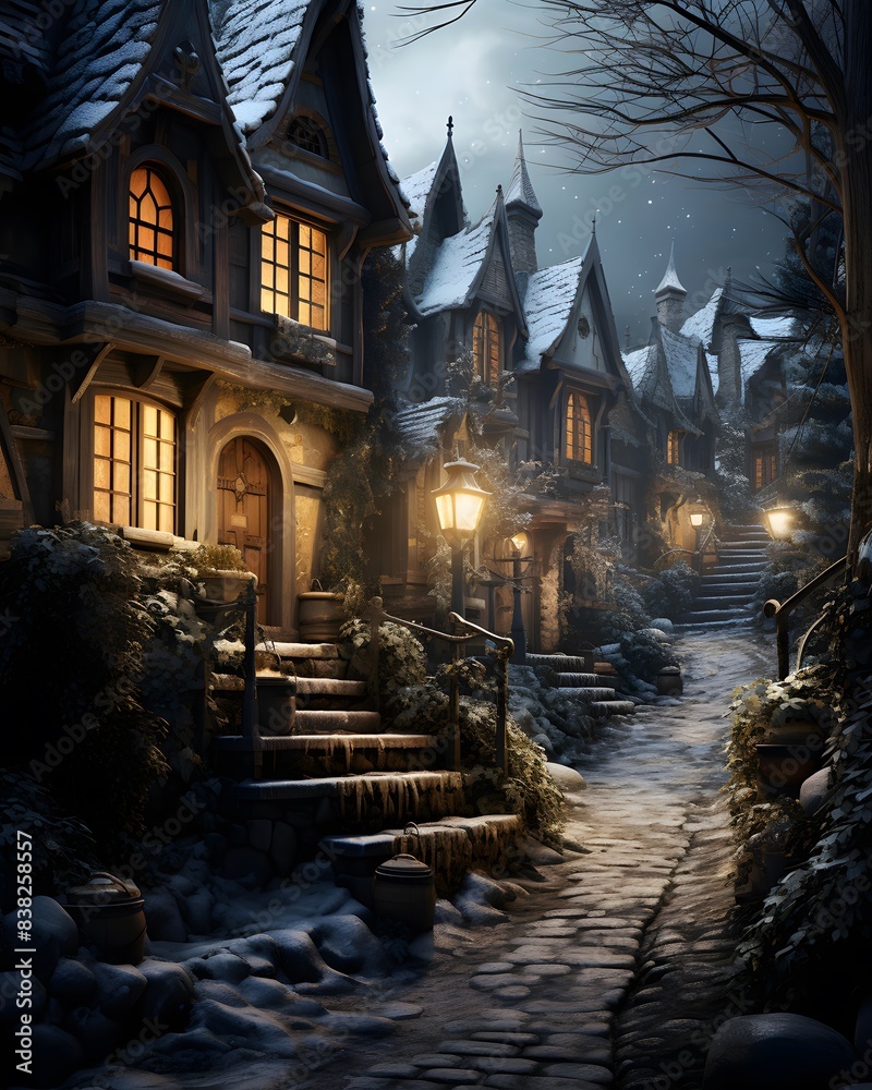 Halloween night scene with wooden houses in the village. 3d rendering