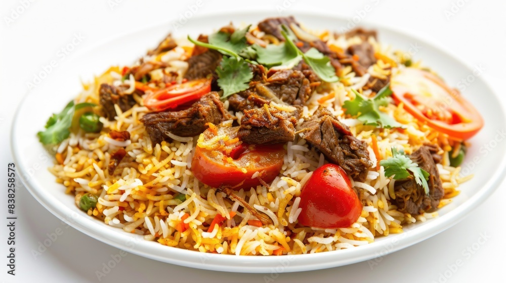 Set of fried beef with rice served on a white plate. Chicken biryani, white background Set of fried beef with rice served on a white plate. Chicken biryani, white background