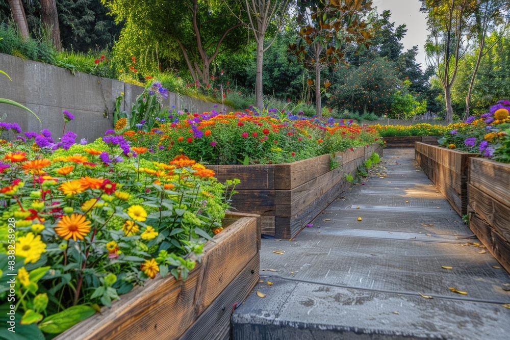 A vibrant and lively garden filled with an abundance of colorful flowers A vibrant and lively garden filled with an abundance of colorful flowers