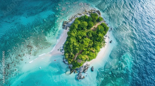 Scenic aerial photo of a tropical island amidst azure waters, featuring vibrant greenery and white sandy beaches