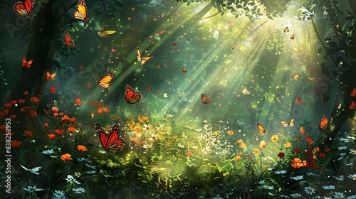 enchanted butterfly glade vibrant butterflies dancing among wildflowers in a magical sundappled forest clearing digital nature illustration photo