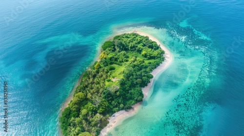 Scenic aerial photo of a tropical island amidst azure waters, featuring vibrant greenery and white sandy beaches