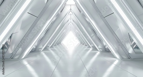 Future interior background, business, sci-fi science concept, abstract triangle spaceship corridor. 3D rendering.