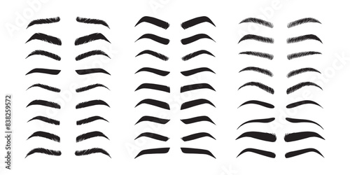 Isolated Eyebrows set Cartoon. Eyebrow makeup template. Classic brow makeup shaping vector set. Various eyebrows types. shapes, thin, thick, curved eyebrows set. 