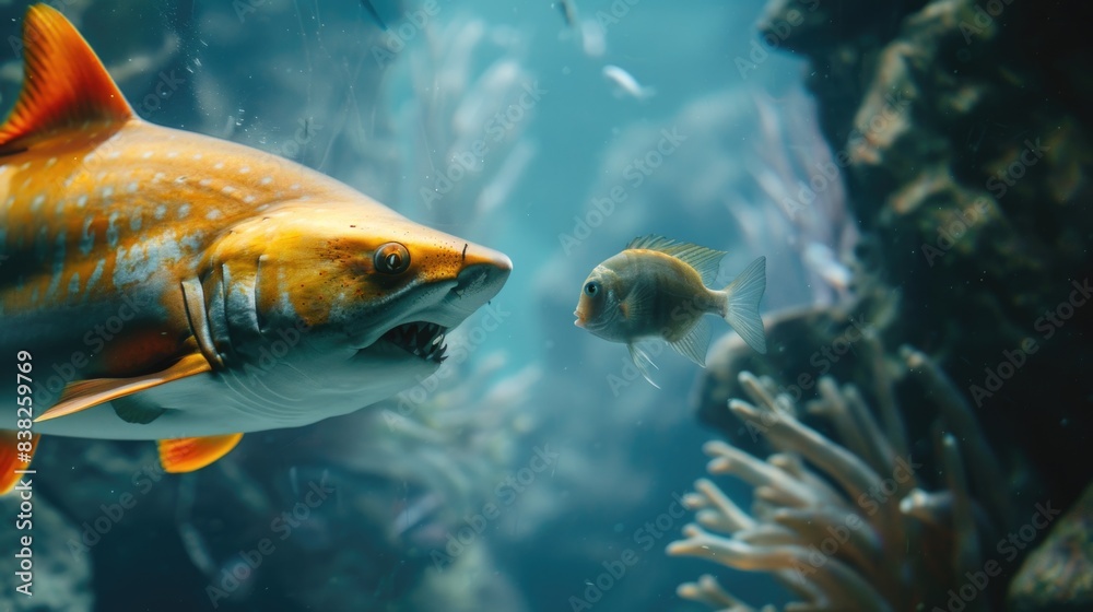 Fototapeta premium Shark facing a small fish.
