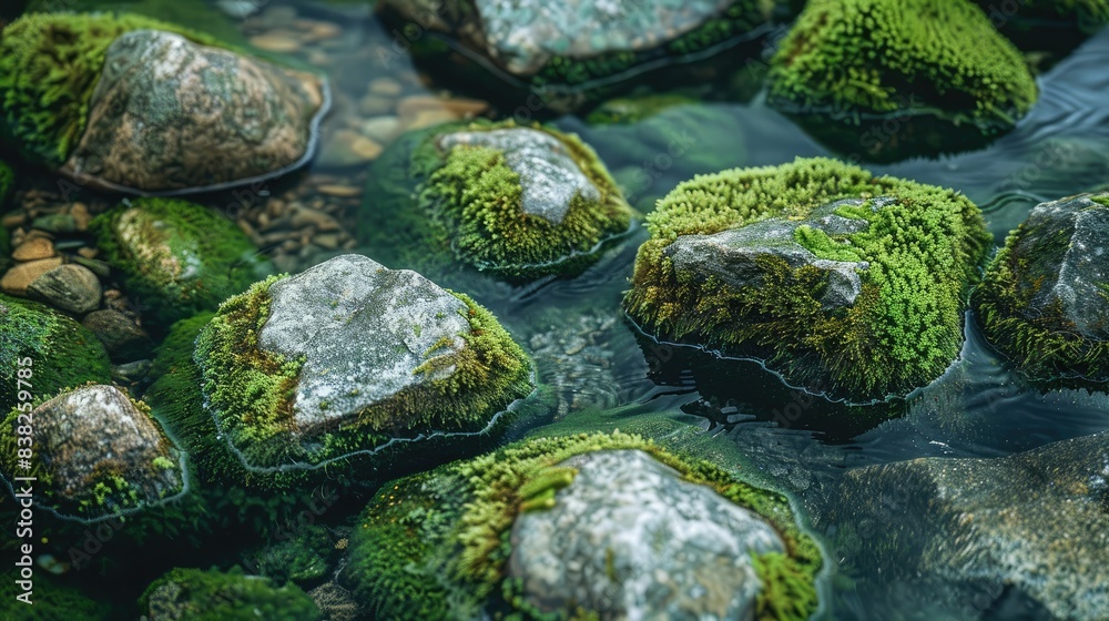 Serene scene of rocks covered in moss and algae, capturing the tranquil beauty of natural elements Serene scene of rocks covered in moss and algae, capturing the tranquil beauty of natural elements