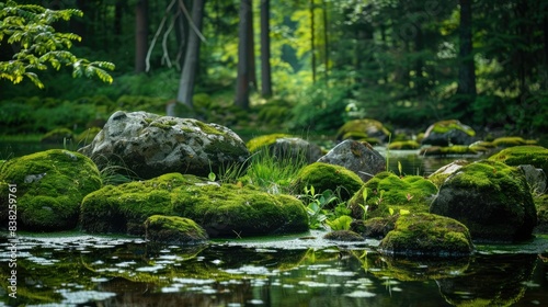 Serene scene of mossy rocks with vibrant green algae  set against a tranquil forest backdrop