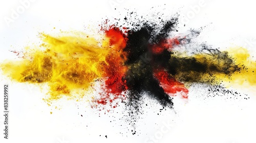 explosion of colorful powder in colors of german flag yellow red and black isolated on white