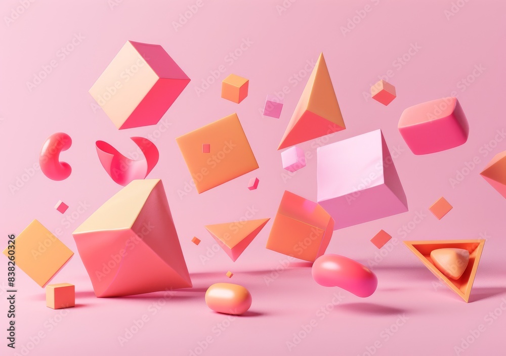Composition of realistic primitives to create a stylish design. Flying shapes isolated on pink background. Abstract designs with spheres, torus, tubes and cones in metallic blue and pink. Composition of realistic primitives to create a stylish design. Flying shapes isolated on pink background. Abstract designs with spheres, torus, tubes and cones in metallic blue and pink.