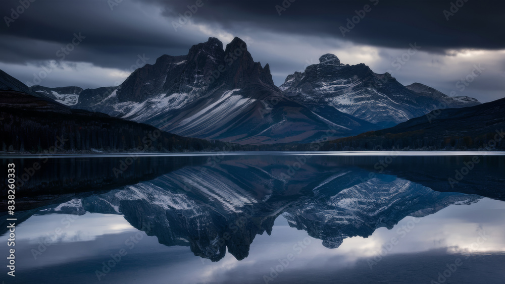 A majestic mountain range against the background of a lake reflected in the water. Peaks and water surface - all this is intertwined, forming a mirrored and symmetrical composition.