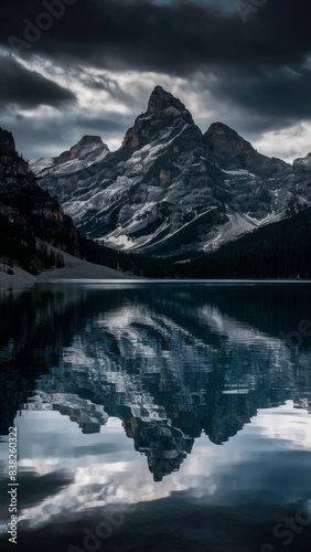 A majestic mountain range against the background of a lake reflected in the water. Peaks and water surface - all this is intertwined  forming a mirrored and symmetrical composition.