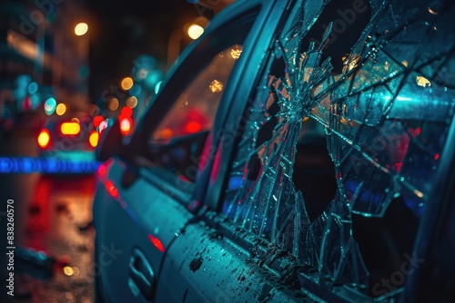 A vehicle with a shattered window parked beside the road  ideal for illustrating accident scenes or abandoned vehicles