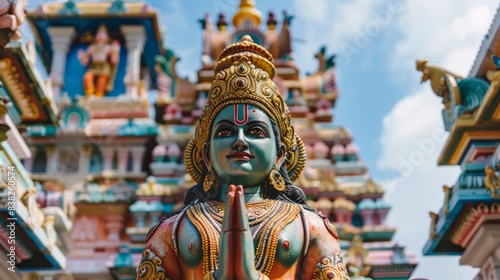A beautifully adorned statue of a Hindu deity in a temple, highlighting religious devotion and culture