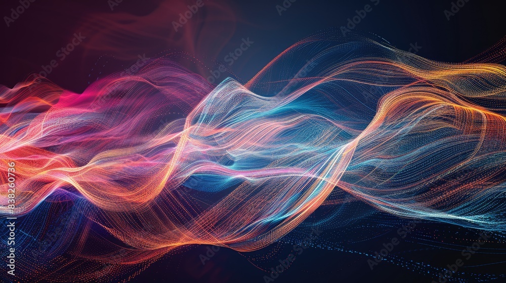 Stunning graphic waves of light, swirling and creating vibrant patterns on a dark backdrop Stunning graphic waves of light, swirling and creating vibrant patterns on a dark backdrop