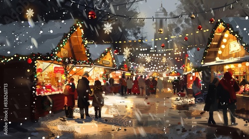 festive christmas market scene with decorated stalls and lights parents and children shopping digital painting