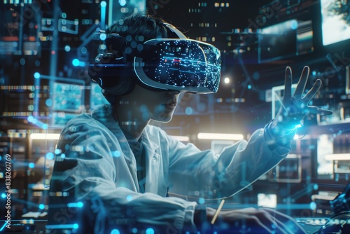 A person in a lab coat operating a virtual reality device, with a futuristic background and equipment