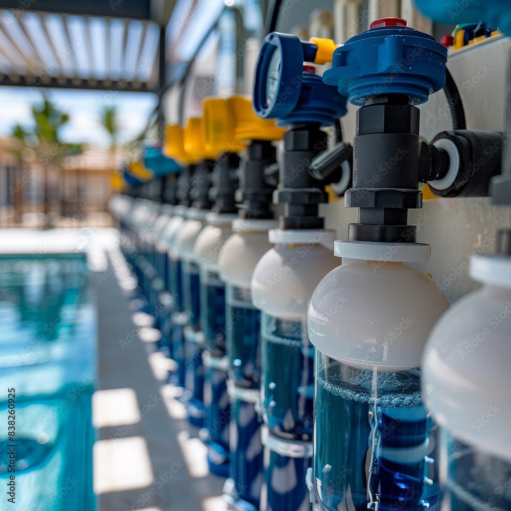 Obraz premium A row of blue oxygen tanks are lined up next to a pool