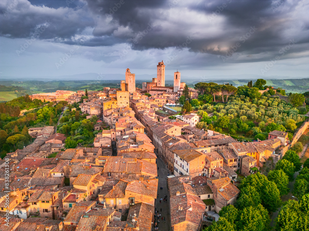 San Gimignano, Italy. Picturesque aerial view of medieval city in Tuscany.