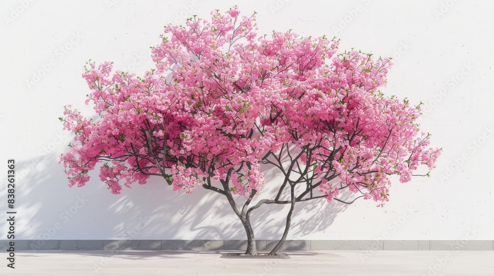 A beautiful pink flowering tree against a white wall, capturing the essence of serene urban nature A beautiful pink flowering tree against a white wall, capturing the essence of serene urban nature