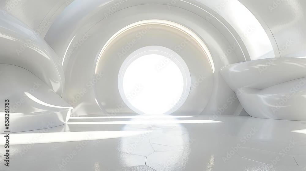 Obraz premium futuristic abstract spherical light source illuminating vast white interior 3d rendering