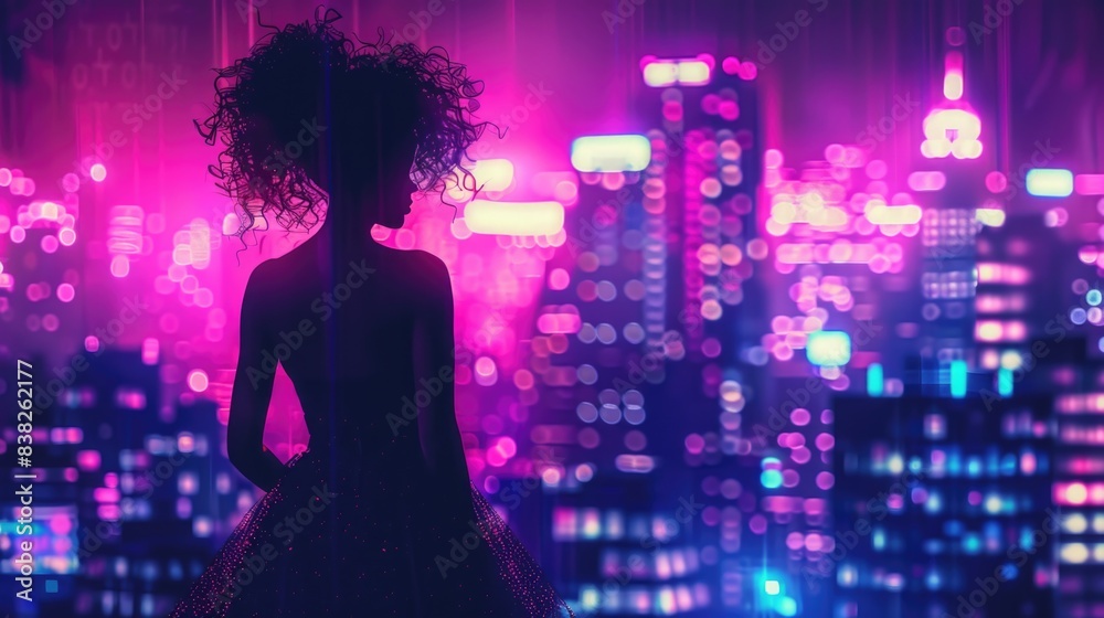  Silhouette of gorgeous cyberpunk curly girl in a dress. Magenta neon night skyscrapers background
