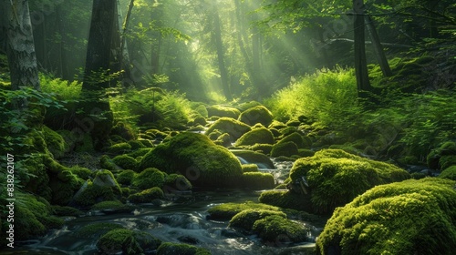 Tranquil forest scene with mossy rocks and algae  highlighting the lush and serene beauty of nature