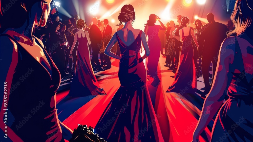 glamorous celebrities in evening gowns on red carpet paparazzi flash photography digital illustration