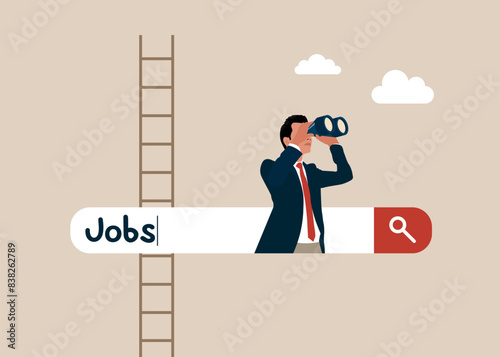 Businessman with binoculars in job search bar . Looking for new job, employment, seek for vacancy or work position. Vision future concept. Flat vector illustration