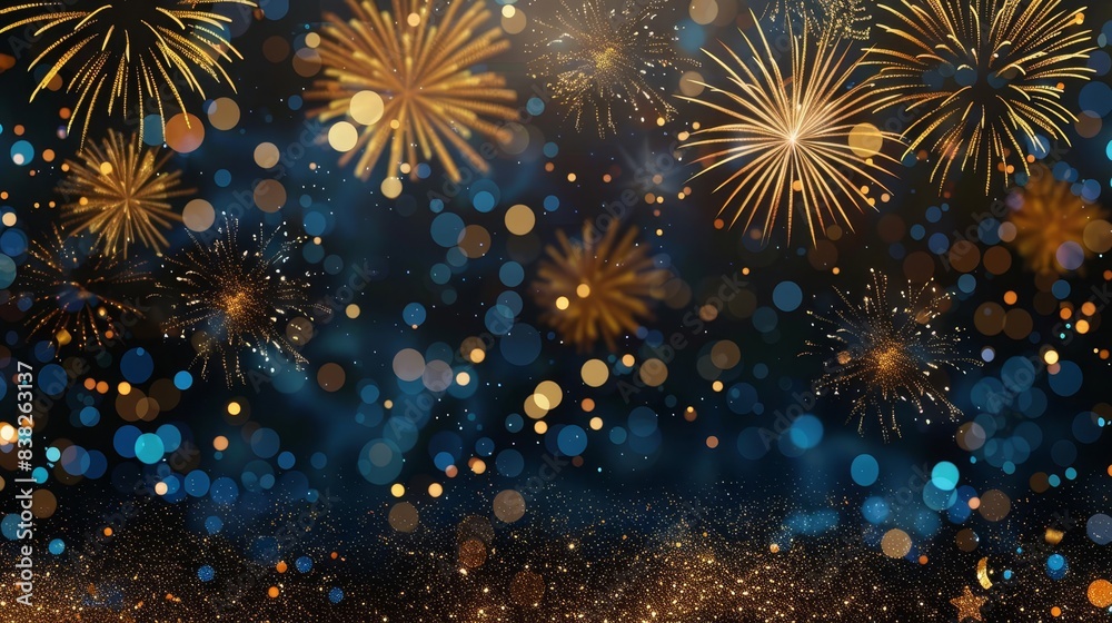 Fototapeta premium Abstract gold, black, and blue glitter background with fireworks Christmas Eve, 4th of July holiday concept