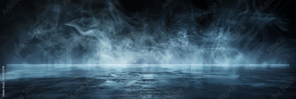 Mysterious icy landscape with fog and a glowing horizon. Mysterious icy landscape with fog and a glowing horizon.