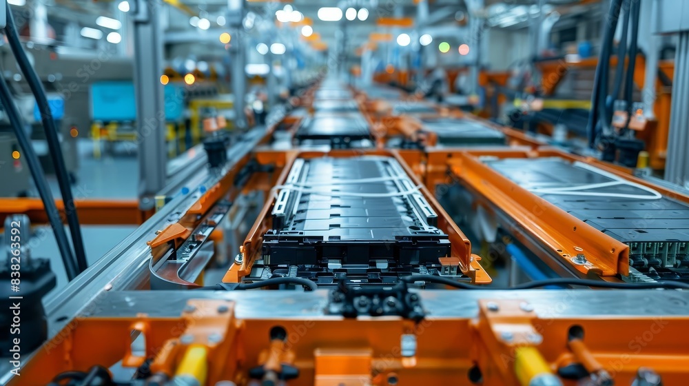 Closeup view of an assembly line producing electric vehicle battery cells Closeup view of an assembly line producing electric vehicle battery cells