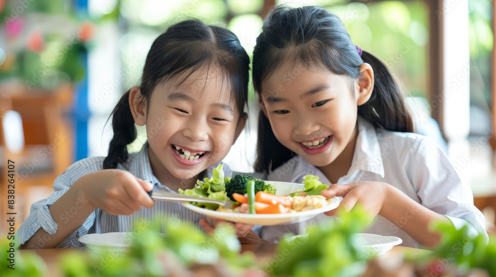 Two Asian elementary school students happily sharing a meal together Two Asian elementary school students happily sharing a meal together