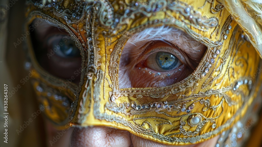 Close-up of an elderly person wearing a luxurious golden masquerade mask, revealing expressive blue eyes and ornate, intricate details. Close-up of an elderly person wearing a luxurious golden masquerade mask, revealing expressive blue eyes and ornate, intricate details.