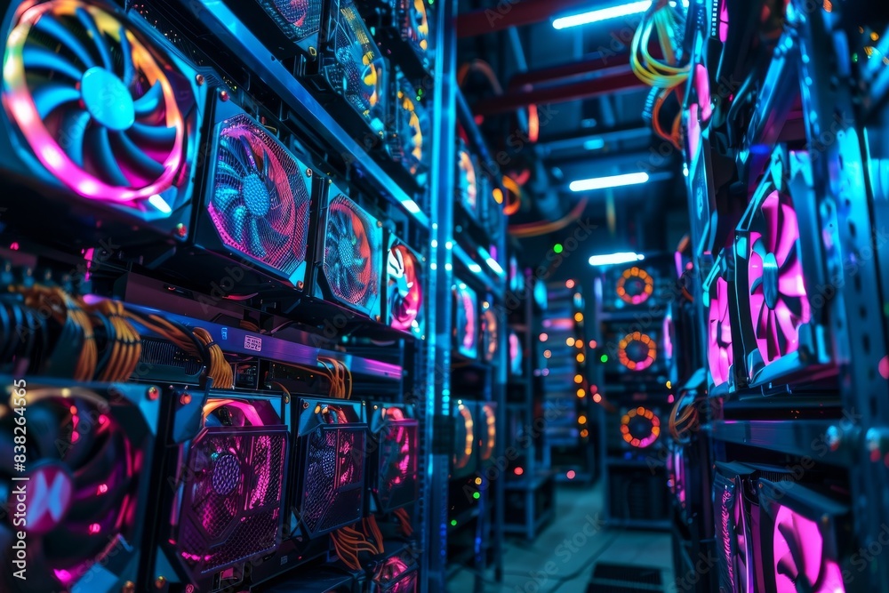 A design element with 3D illustrations. A rendering of a dark bitcoin cryptocurrency mining farm with dark colors on a 3D background. A design element with 3D illustrations. A rendering of a dark bitcoin cryptocurrency mining farm with dark colors on a 3D background.