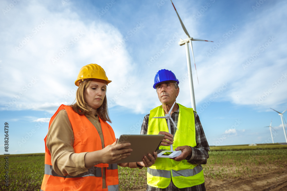 Two engineers working and looking at the report wind turbine farm. They are wearing florescent vests and helmets for protection. Two engineers working and looking at the report wind turbine farm. They are wearing florescent vests and helmets for protection.