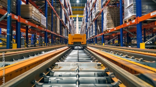 Automated guided vehicle AGV transporting goods in a large warehouse, part of a sophisticated logistics system