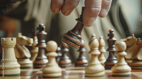 Closeup of a hand picking a chess piece, emphasizing strategic thinking and game dynamics