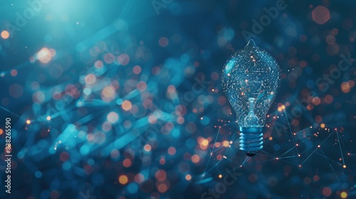 A polygon idea light bulb on a blockchain technology network hud background symbolizes inspiration, innovation, invention, effective thinking. photo