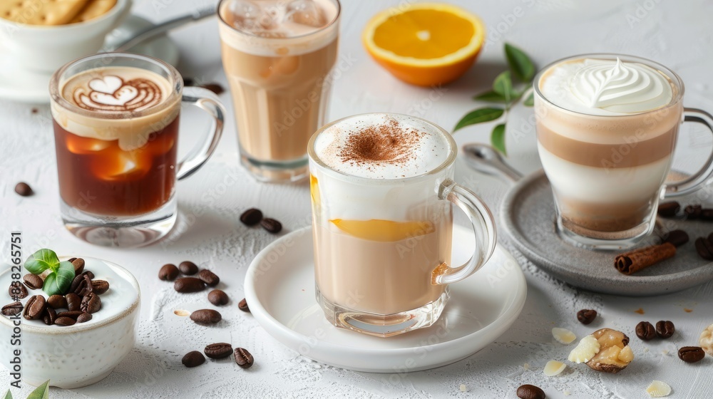 A tasteful arrangement of beverages including latte A tasteful arrangement of beverages including latte
