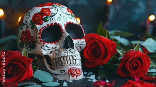 Mexican style sugar skull and red roses AI generated photo