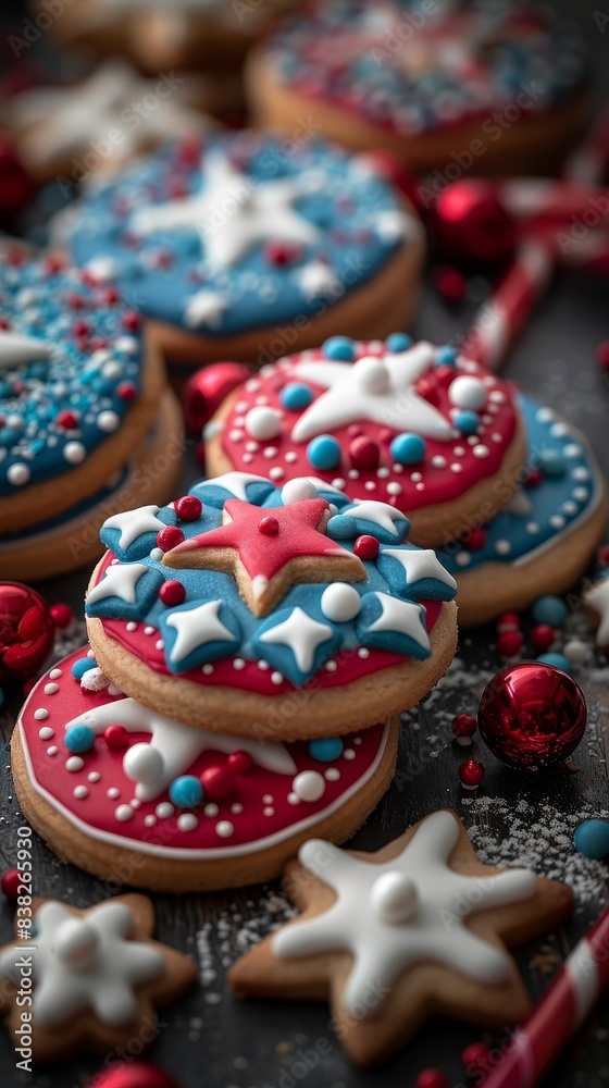 Festive star-shaped cookies decorated in red, white, and blue, perfect for holiday celebrations and patriotic events.