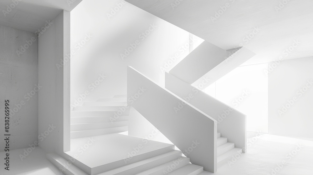 A minimalist indoor scene featuring a sleek white staircase, highlighting modern architectural design A minimalist indoor scene featuring a sleek white staircase, highlighting modern architectural design