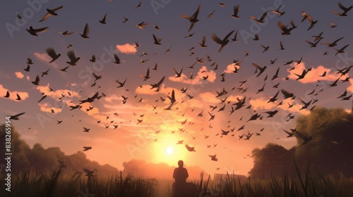 birds flying sky sunrise dawn leadership teamwork.  © Shades3d